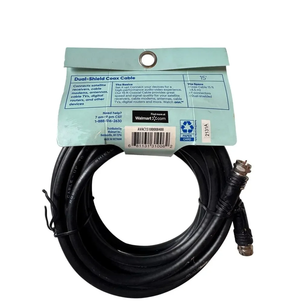 New Onn. Dual-Shield Coax Cable Black 15'